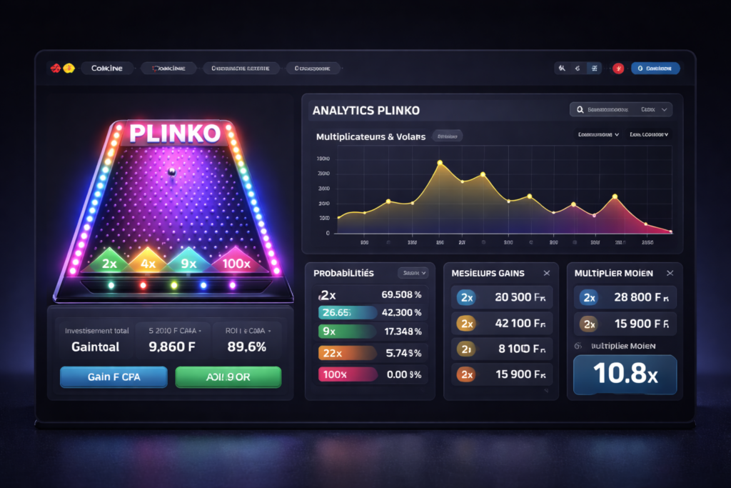 Interface analytique moderne affichant statistiques et multiplicateurs du jeu Plinko, illustrant les stratégies et astuces Plinko pour joueurs en RDC dans les casinos en ligne congolais.
