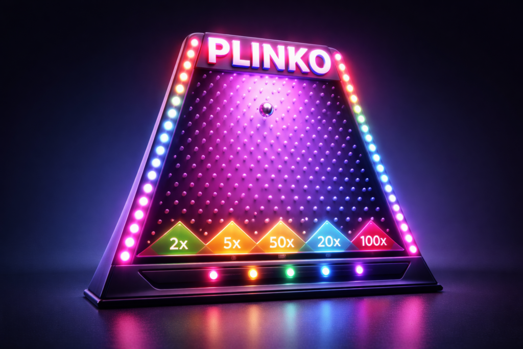Plateau 3D moderne du jeu Plinko avec multiplicateurs lumineux sur fond sombre minimaliste, représentant Plinko pour gagner de l’argent réel au Congo et le jeu Plinko en ligne en République Démocratique du Congo.